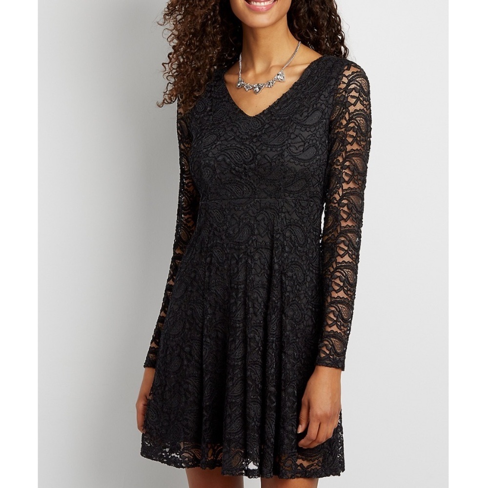Maurices Black Paisley Lace Panel V Neck Long Sleeve Dress Small Chic Elegant